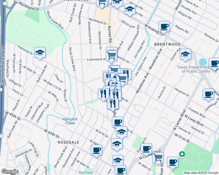 map of restaurants, bars, coffee shops, grocery stores, and more near 5222 Burnet Road in Austin