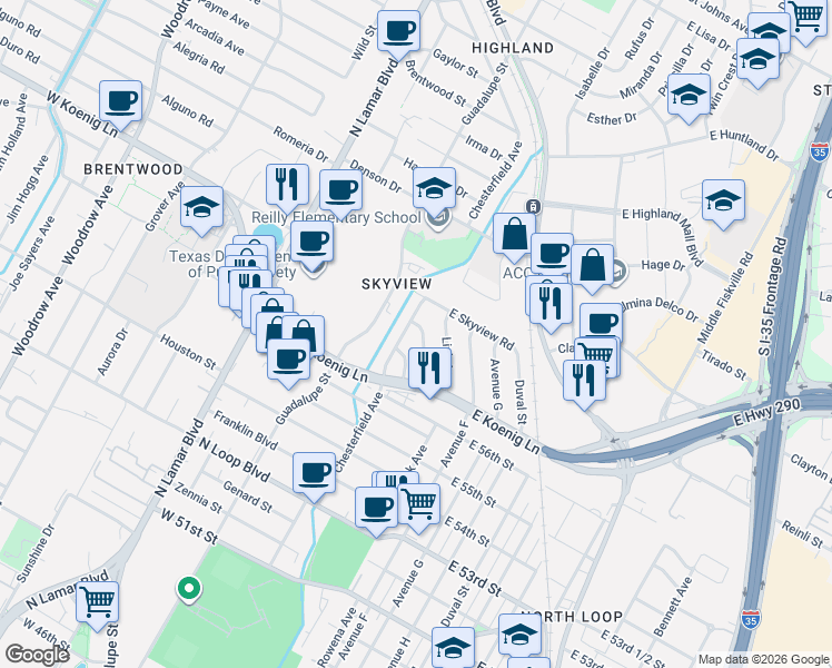 map of restaurants, bars, coffee shops, grocery stores, and more near 5710 Avenue D in Austin