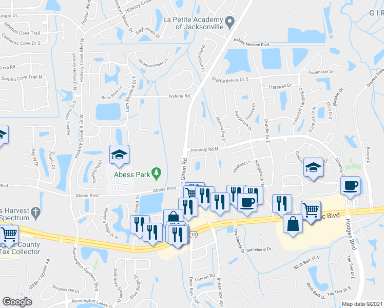map of restaurants, bars, coffee shops, grocery stores, and more near 12759 Autumn Springs Court North in Jacksonville