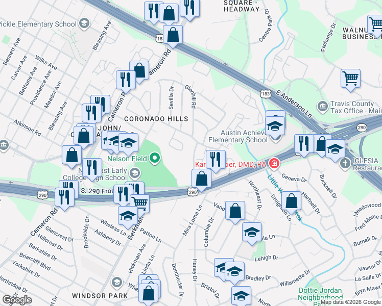 map of restaurants, bars, coffee shops, grocery stores, and more near 7204 Creekside Drive in Austin