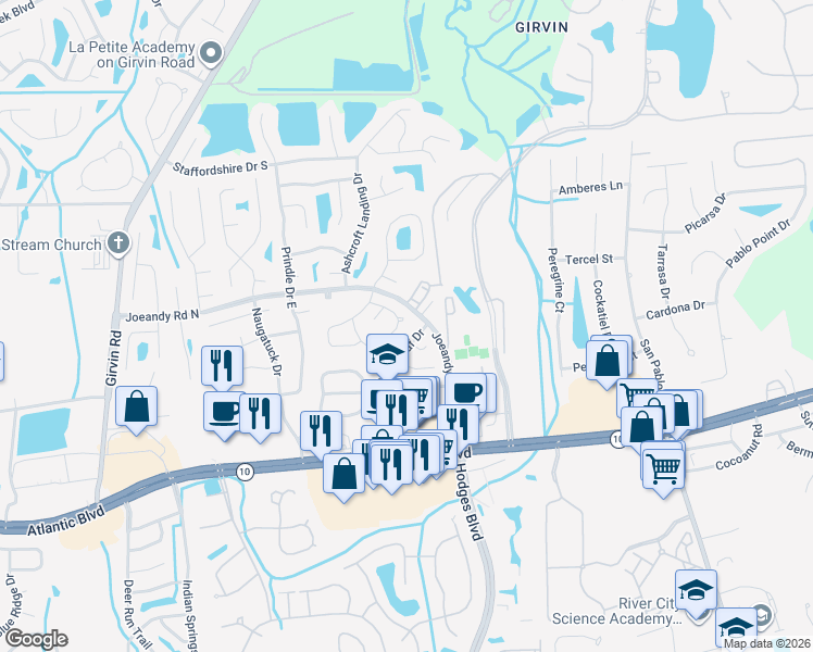 map of restaurants, bars, coffee shops, grocery stores, and more near 242 Leatherleaf Drive in Jacksonville