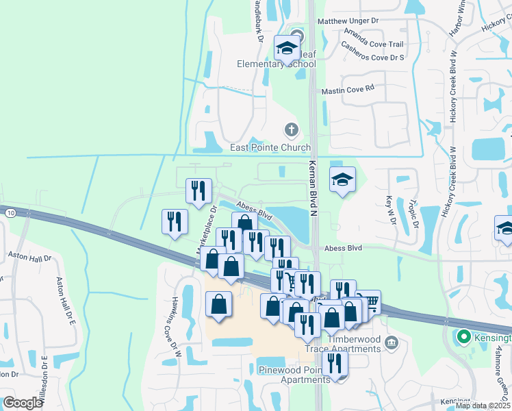 map of restaurants, bars, coffee shops, grocery stores, and more near 12001 Abess Boulevard in Jacksonville