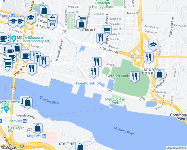 map of restaurants, bars, coffee shops, grocery stores, and more near 951 East Forsyth Street in Jacksonville