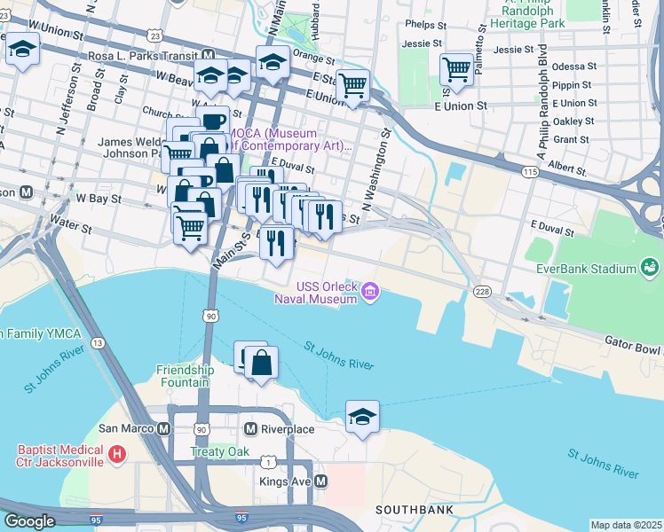 map of restaurants, bars, coffee shops, grocery stores, and more near 100 South Liberty Street in Jacksonville