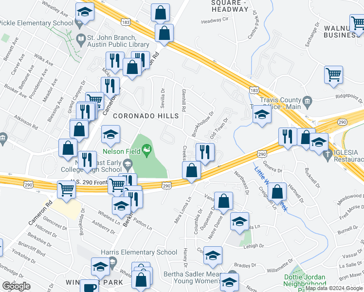 map of restaurants, bars, coffee shops, grocery stores, and more near 7215 Creekside Drive in Austin