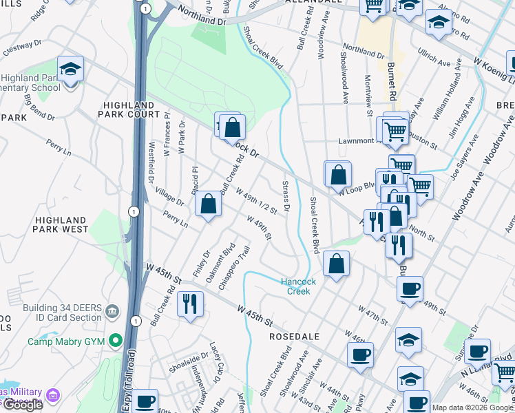 map of restaurants, bars, coffee shops, grocery stores, and more near 2636 West 49th Street in Austin