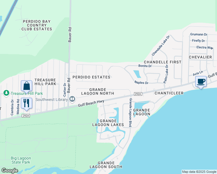 map of restaurants, bars, coffee shops, grocery stores, and more near 12021 Longwood Drive in Pensacola