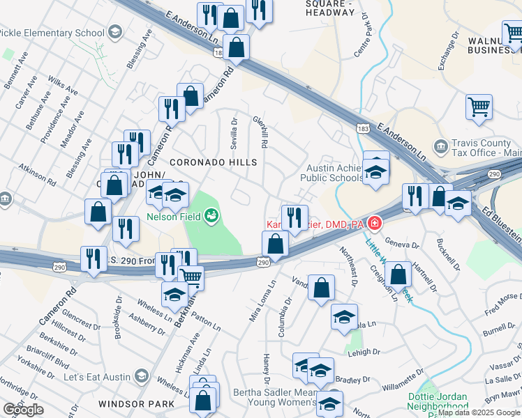 map of restaurants, bars, coffee shops, grocery stores, and more near 7204 Creekside Drive in Austin