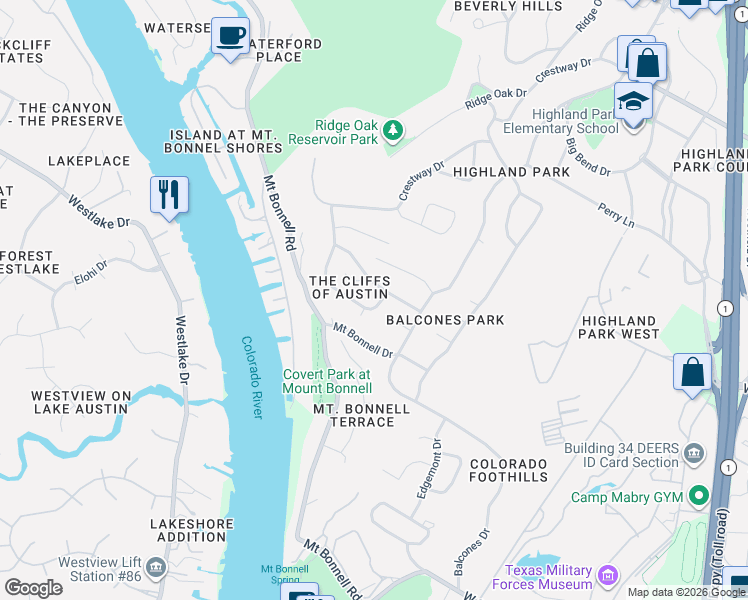 map of restaurants, bars, coffee shops, grocery stores, and more near 3402 Monte Vista Drive in Austin