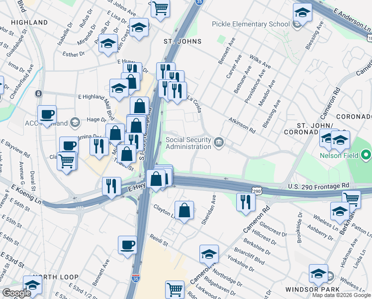 map of restaurants, bars, coffee shops, grocery stores, and more near 6121 North Interstate 35 Frontage Road in Austin