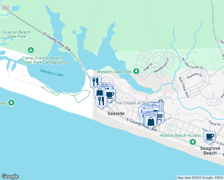map of restaurants, bars, coffee shops, grocery stores, and more near 57 Watercolor Boulevard East in Santa Rosa Beach
