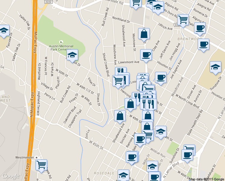 map of restaurants, bars, coffee shops, grocery stores, and more near 5011 Shoal Creek Boulevard in Austin