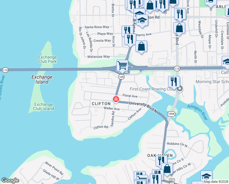 map of restaurants, bars, coffee shops, grocery stores, and more near 5556 Floral Avenue in Jacksonville