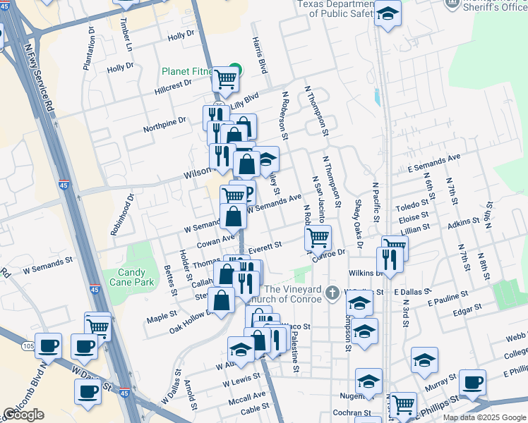 map of restaurants, bars, coffee shops, grocery stores, and more near 1570 Odd Fellow Street in Conroe