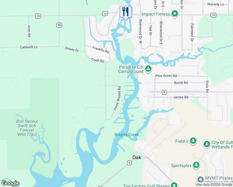 map of restaurants, bars, coffee shops, grocery stores, and more near 6764 Cook Road in Foley