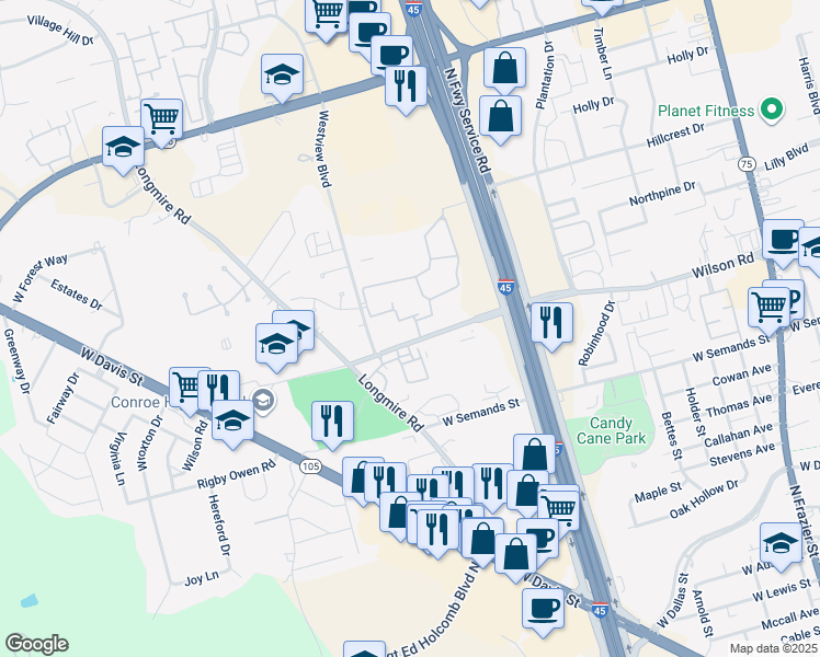 map of restaurants, bars, coffee shops, grocery stores, and more near 1476 Wilson Road in Conroe