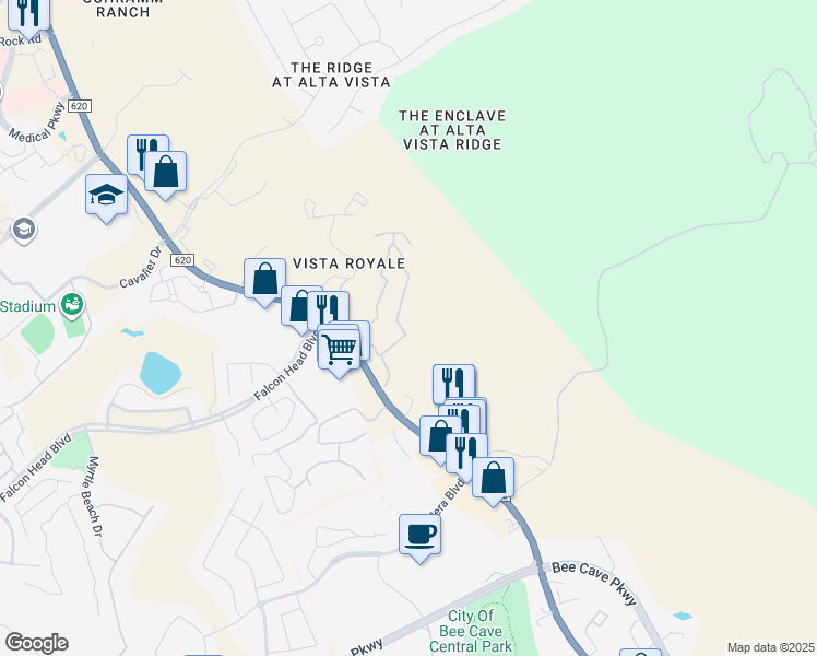 map of restaurants, bars, coffee shops, grocery stores, and more near 3501 Ranch Road 620 South in Bee Cave