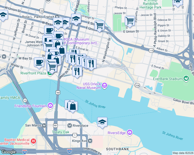 map of restaurants, bars, coffee shops, grocery stores, and more near 100 South Liberty Street in Jacksonville