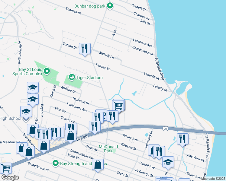 map of restaurants, bars, coffee shops, grocery stores, and more near 761-773 Dunbar Ave in Bay St Louis