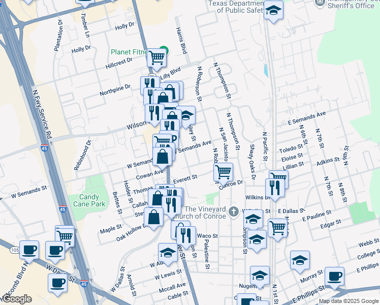map of restaurants, bars, coffee shops, grocery stores, and more near 1502 Odd Fellow Street in Conroe