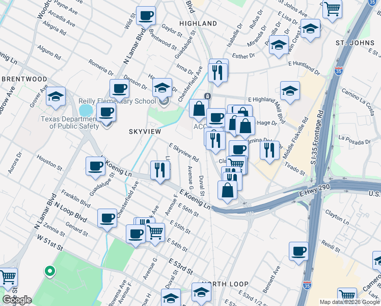 map of restaurants, bars, coffee shops, grocery stores, and more near 301 East Skyview Road in Austin