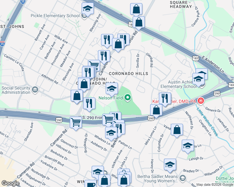 map of restaurants, bars, coffee shops, grocery stores, and more near 2000 E St Johns Ave in Austin