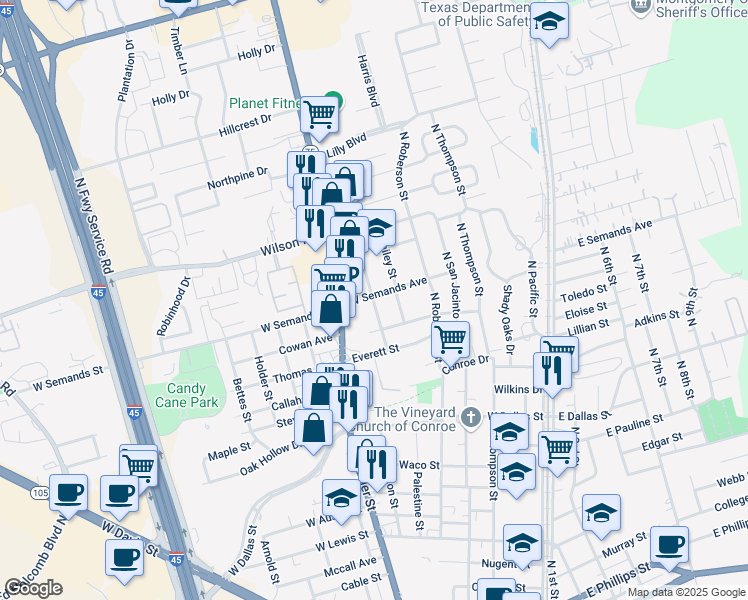 map of restaurants, bars, coffee shops, grocery stores, and more near 1580 Odd Fellow Street in Conroe
