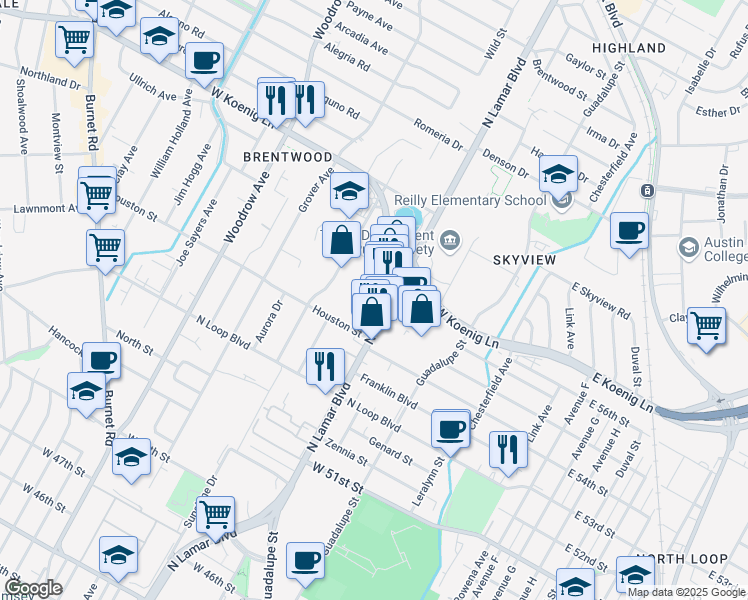 map of restaurants, bars, coffee shops, grocery stores, and more near 5520 North Lamar Boulevard in Austin
