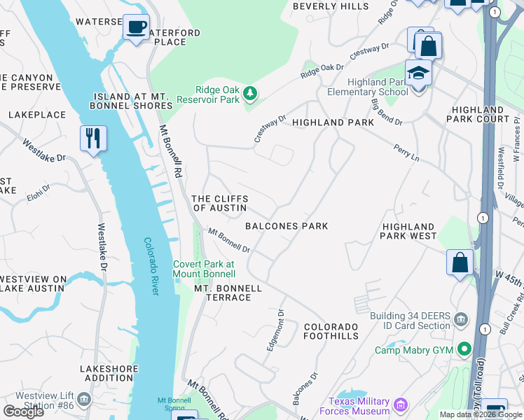 map of restaurants, bars, coffee shops, grocery stores, and more near 3404 Mount Barker Drive in Austin