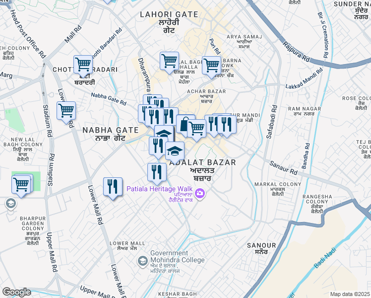 map of restaurants, bars, coffee shops, grocery stores, and more near Dooma Wali Gali in Patiala