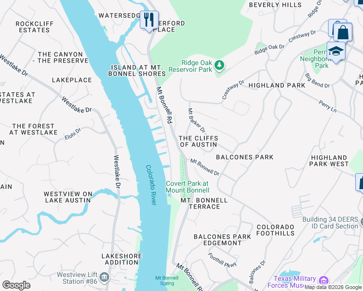 map of restaurants, bars, coffee shops, grocery stores, and more near 4323 Mount Bonnell Road in Austin