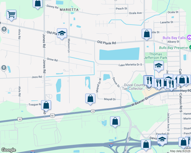 map of restaurants, bars, coffee shops, grocery stores, and more near 8661 Beck Court in Jacksonville