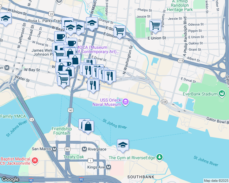 map of restaurants, bars, coffee shops, grocery stores, and more near 100 South Liberty Street in Jacksonville