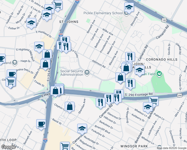 map of restaurants, bars, coffee shops, grocery stores, and more near 1051 Camino La Costa in Austin