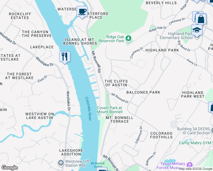 map of restaurants, bars, coffee shops, grocery stores, and more near 3416 Mount Bonnell Circle in Austin