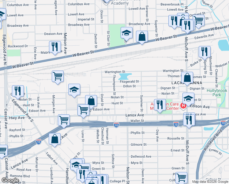 map of restaurants, bars, coffee shops, grocery stores, and more near Dignan St & Thompson St in Jacksonville
