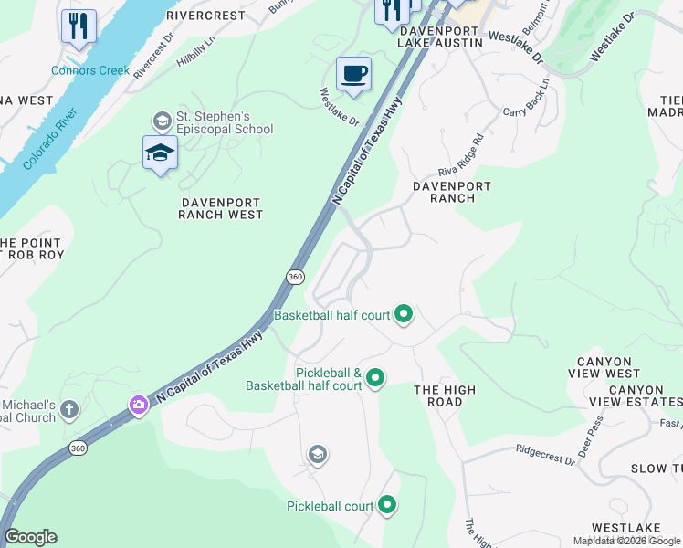 map of restaurants, bars, coffee shops, grocery stores, and more near 62 Davenport Rim in Austin
