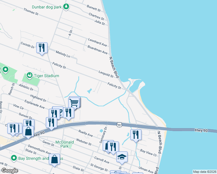 map of restaurants, bars, coffee shops, grocery stores, and more near 104 Felicity Street in Bay St. Louis
