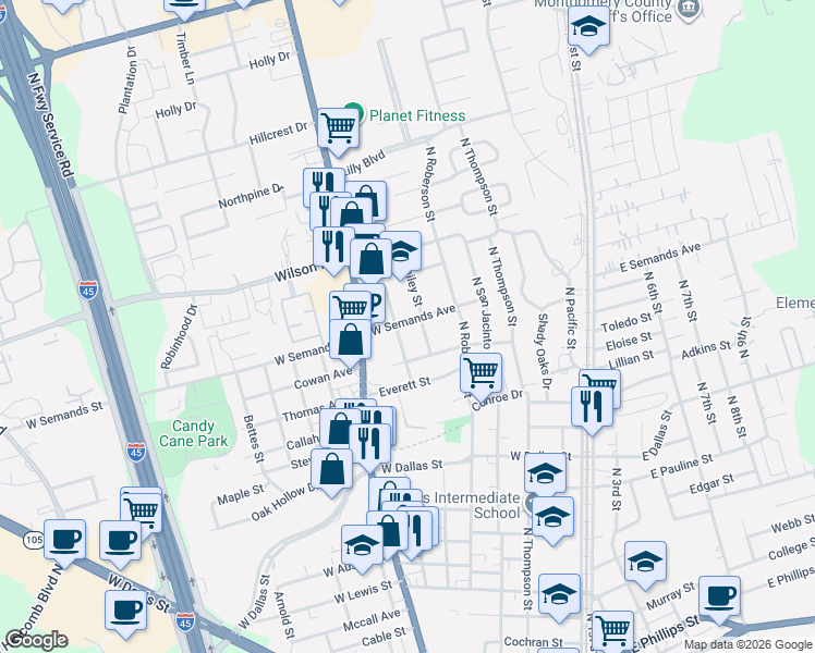map of restaurants, bars, coffee shops, grocery stores, and more near 1510 Odd Fellow Street in Conroe