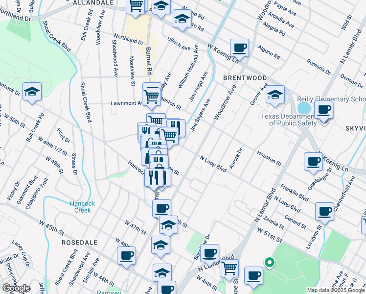 map of restaurants, bars, coffee shops, grocery stores, and more near W North Loop Blvd & Joe Sayers Ave in Austin