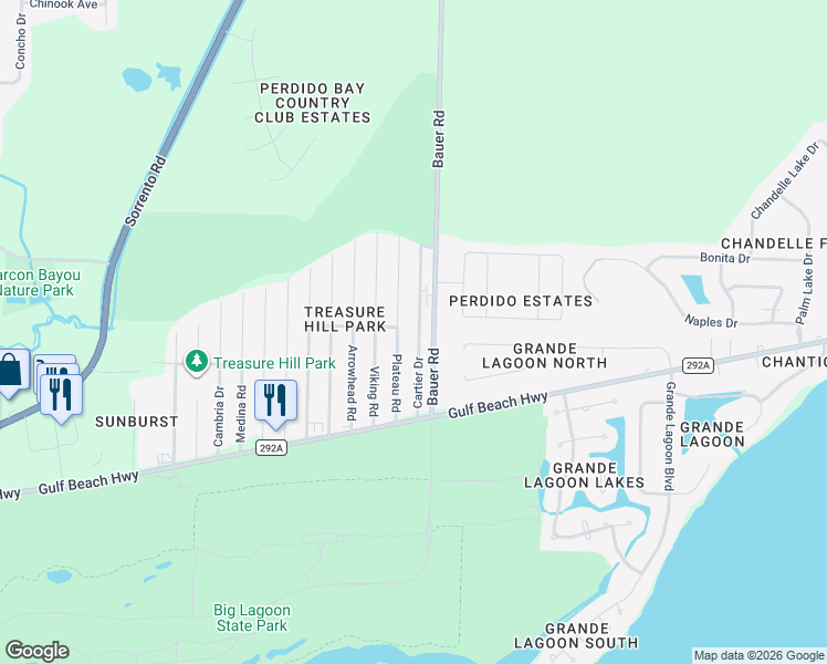 map of restaurants, bars, coffee shops, grocery stores, and more near 5261 Cartier Drive in Pensacola