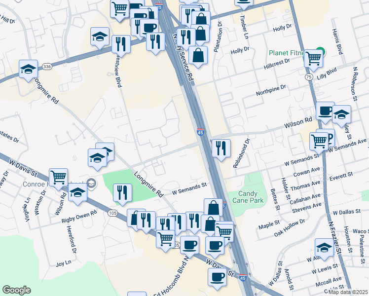 map of restaurants, bars, coffee shops, grocery stores, and more near 1525 Wilson Road in Conroe