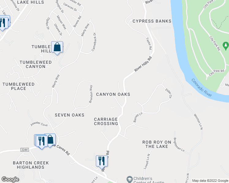map of restaurants, bars, coffee shops, grocery stores, and more near 604 River Hills Road in Austin