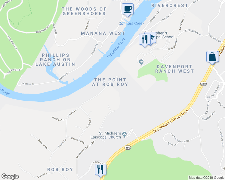 map of restaurants, bars, coffee shops, grocery stores, and more near 6905 Pascal Court in Austin