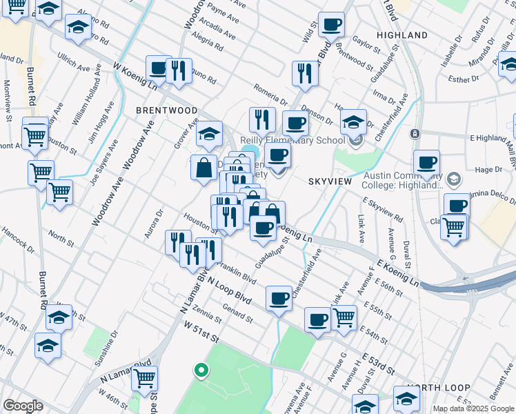map of restaurants, bars, coffee shops, grocery stores, and more near 5626 North Lamar Boulevard in Austin