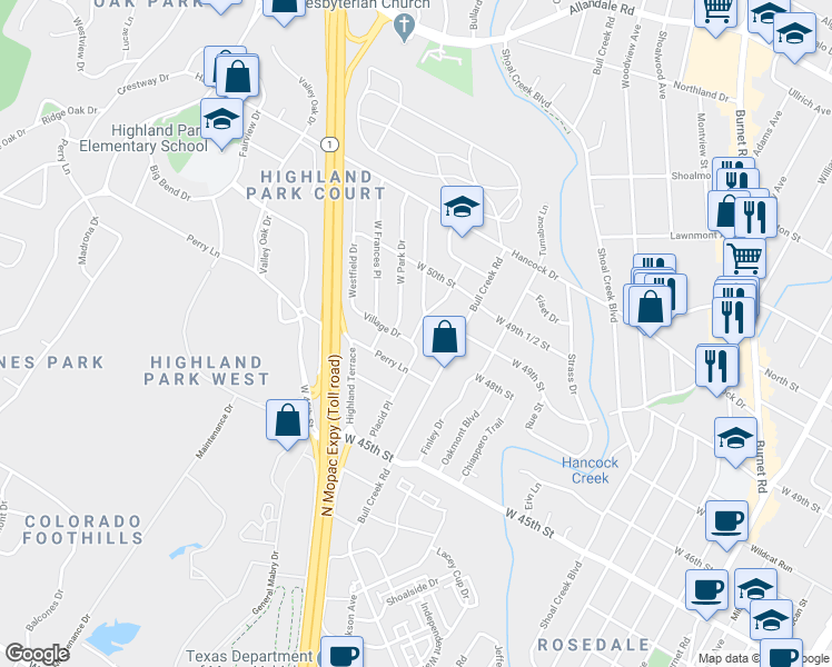 map of restaurants, bars, coffee shops, grocery stores, and more near Placid Place in Austin