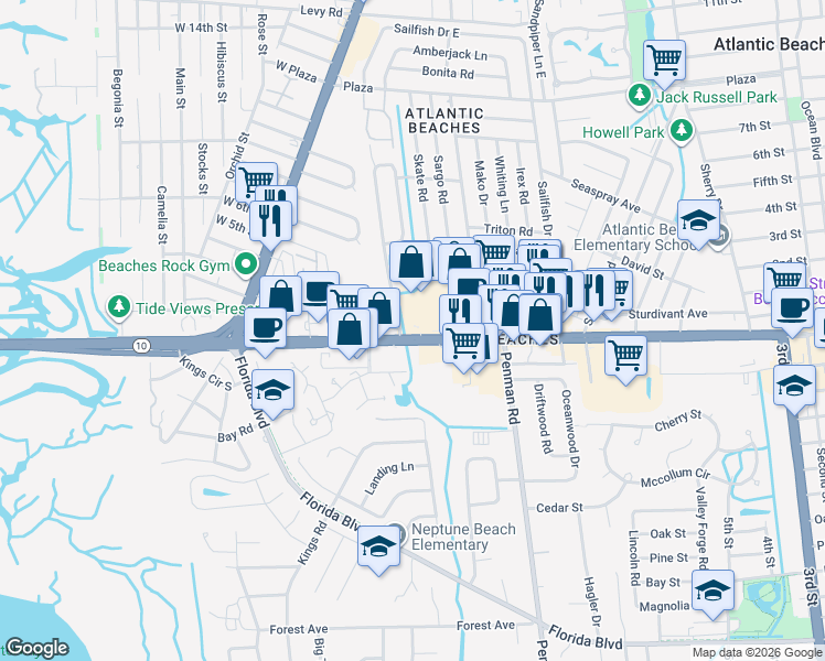map of restaurants, bars, coffee shops, grocery stores, and more near 1031 Atlantic Boulevard in Atlantic Beach