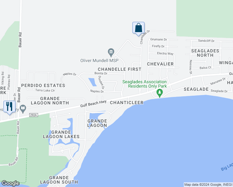map of restaurants, bars, coffee shops, grocery stores, and more near 1105 Naples Drive in Pensacola