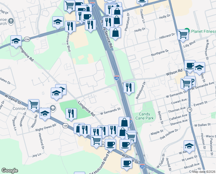 map of restaurants, bars, coffee shops, grocery stores, and more near 1523 Wilson Road in Conroe