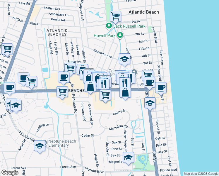 map of restaurants, bars, coffee shops, grocery stores, and more near 597 Sturdivant Avenue in Atlantic Beach
